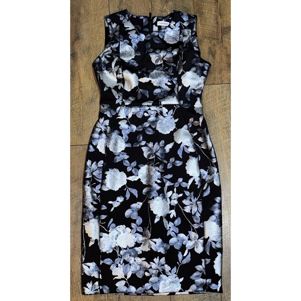 NWT Calvin Klein Sheath Dress Floral Flowers Black Silver Zipper Stretchy Size 6